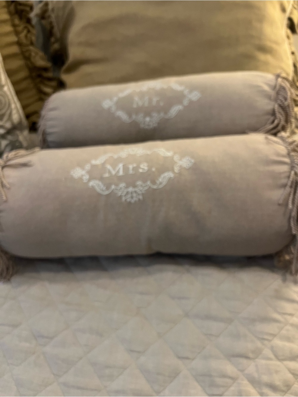 Mr. & Mrs. Embroidered Decorative Bolster Pillows - Taupe